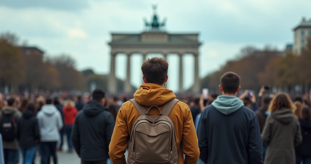 Tourist feeling overwhelmed in front of crowded landmark