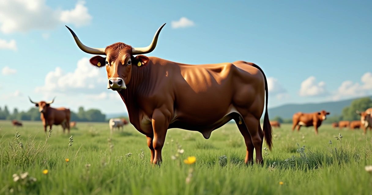 Touro de grande porte em pasto verde 