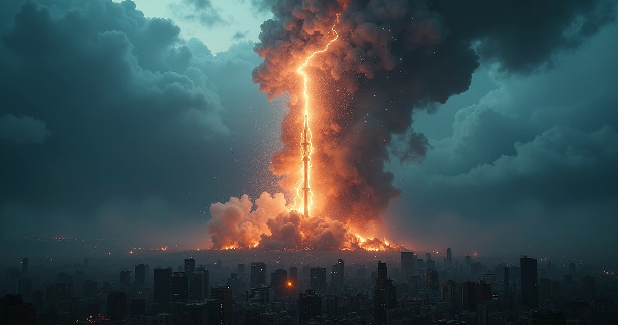 Tower struck by lightning collapsing amid dark stormy clouds and flying debris 