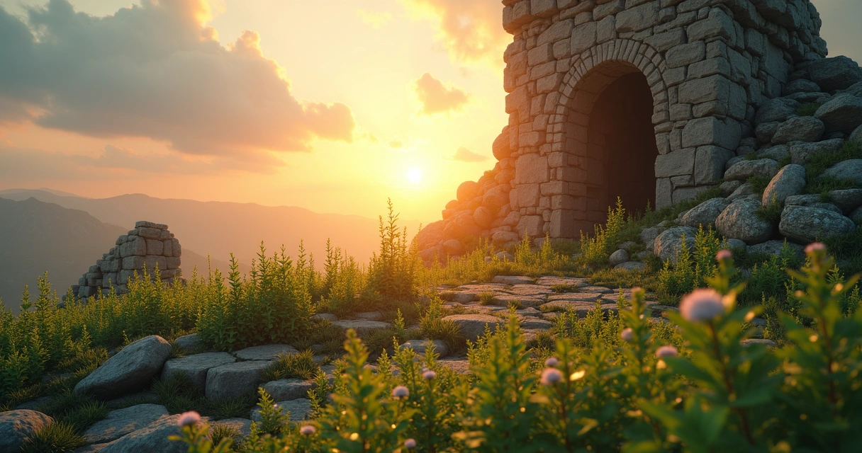 Sunrise over ruins, new plants growing, hopeful scene 