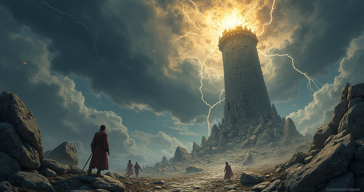 Tower tarot card struck by lightning, crumbling, dark clouds, chaos 