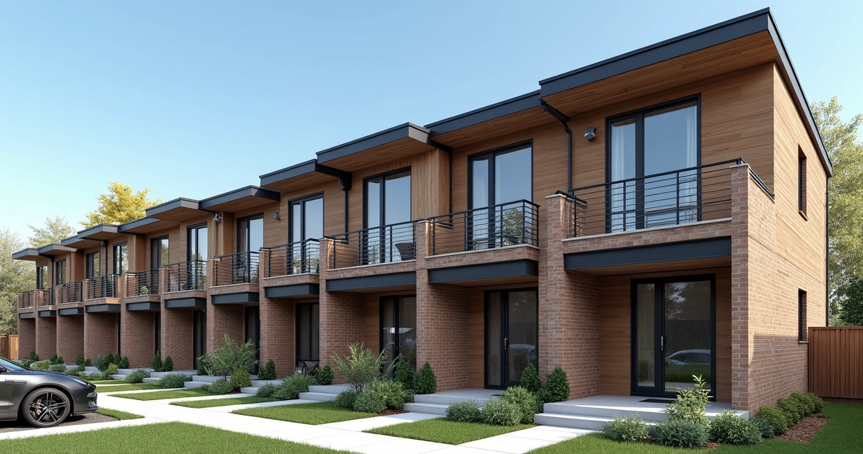 Exterior view of a row of modern townhomes with small front yards 