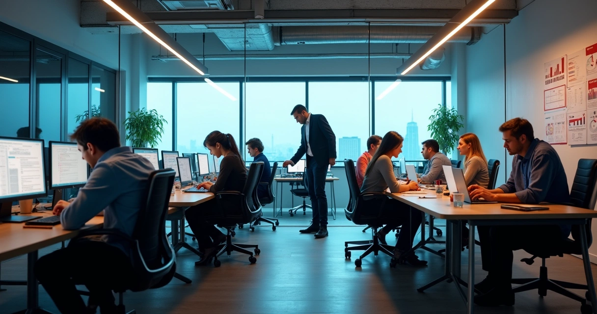 Team in modern office divided by glass wall between stressed and supported employees 