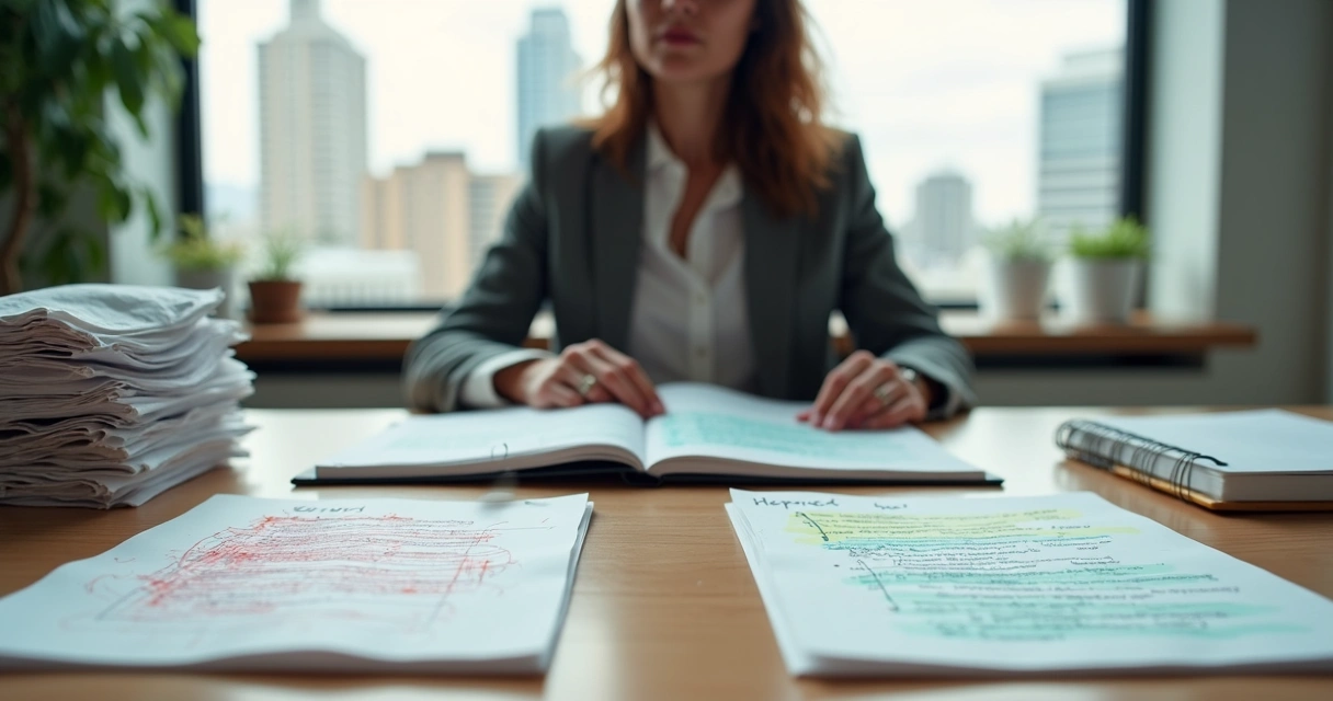 Professional transforming harsh feedback notes into highlighted insights 