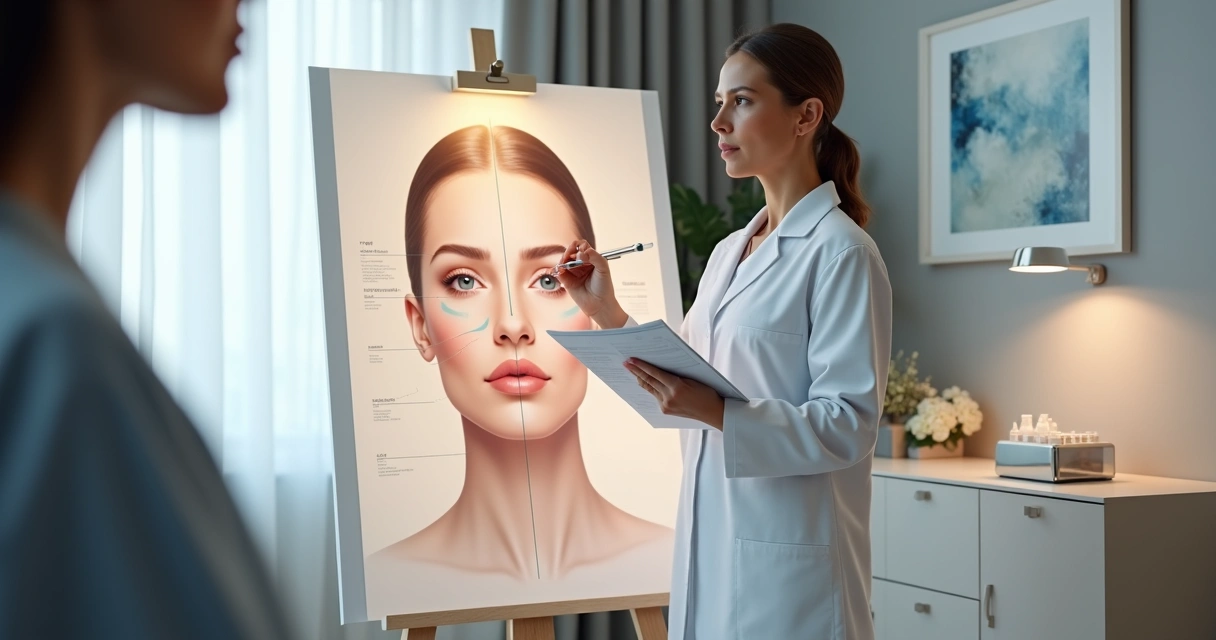 Médica mostra mapa anatômico facial explicando aplicação de toxina botulínica. 