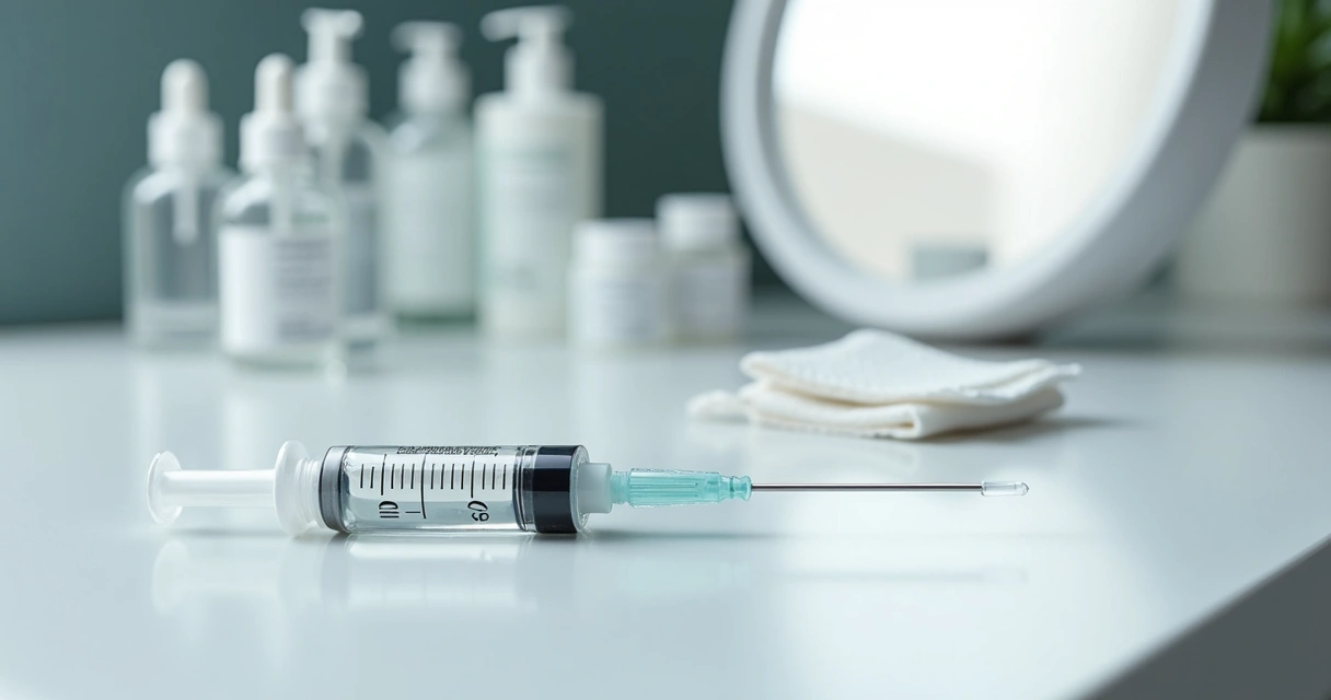 Seringa com toxina botulínica sobre bancada com produtos de estética 