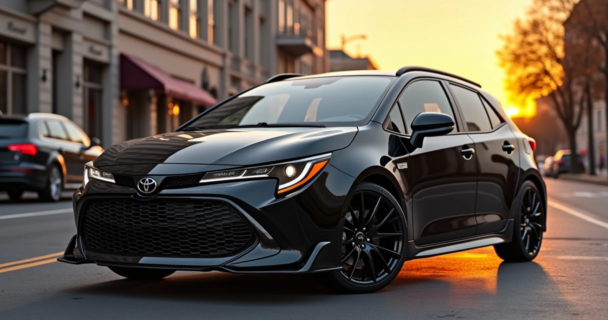 Toyota Corolla Cross GR-Sport preto estacionado em ambiente urbano ao entardecer, com detalhes esportivos visíveis, rodas diamantadas e para-choque preto