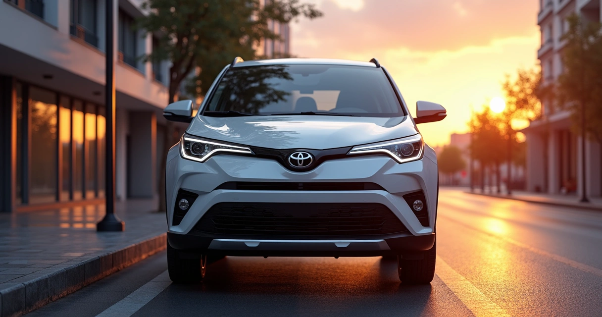 Toyota Yaris Cross branco visto de frente em ambiente urbano ao entardecer 