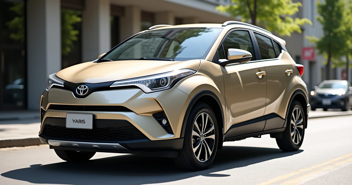 Toyota Yaris Cross bege visto de frente e lateral em rua urbana 