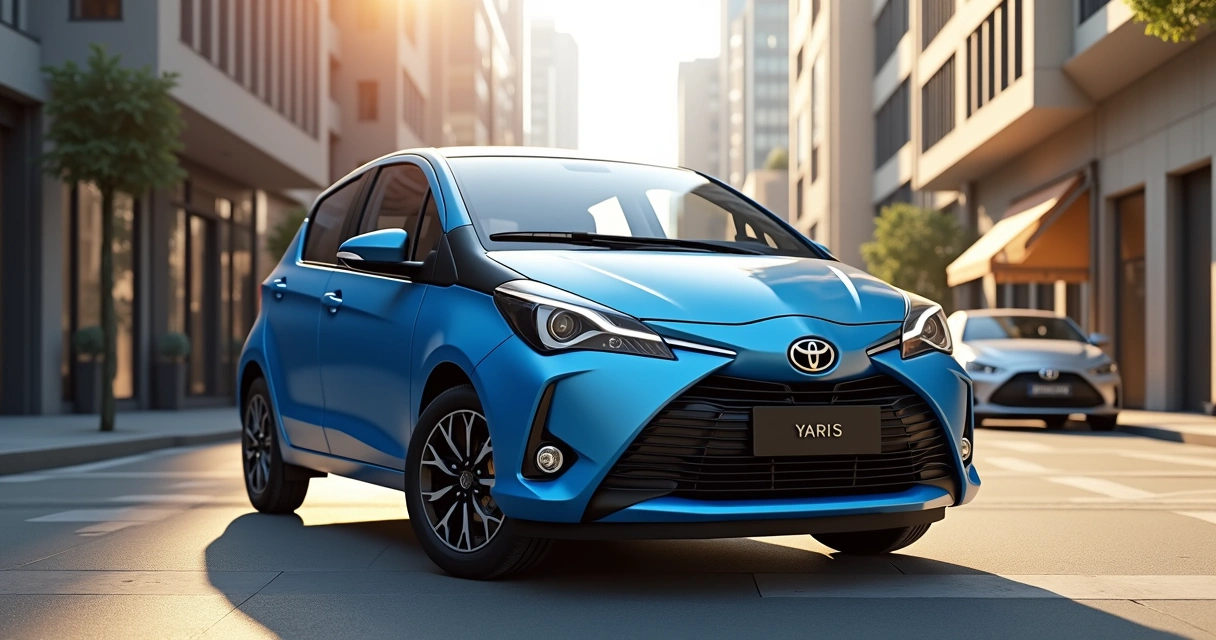 Toyota Yaris Hatch azul estacionado em rua urbana