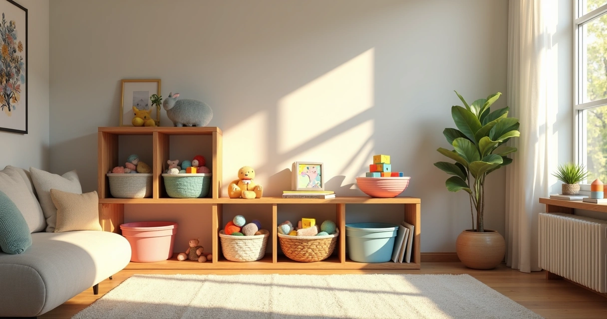 Organized toy storage in a living room corner with baskets and shelves 