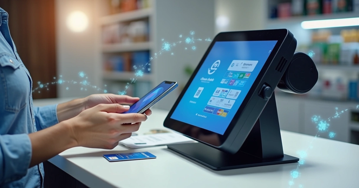 Terminal de pagamento automático moderno em balcão de loja com diversas formas de pagamento digitais 