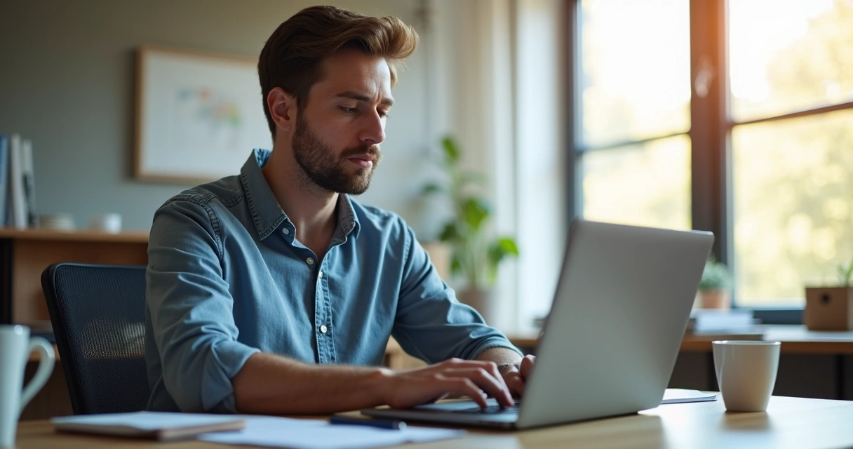 Hombre atento sentado en escritorio con ordenador portátil 
