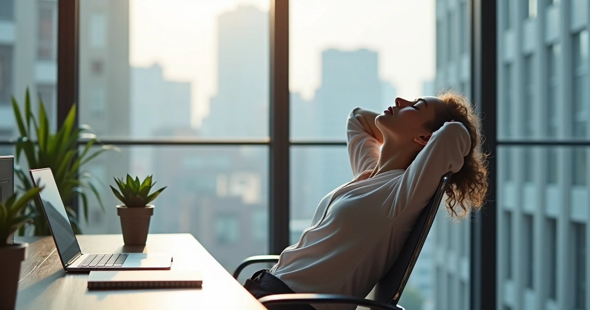 Persona en escritorio laboral relajándose con ojos cerrados 