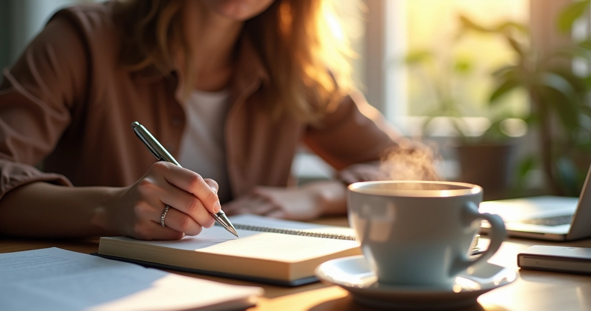 Persona escribiendo en un cuaderno junto a una taza de café