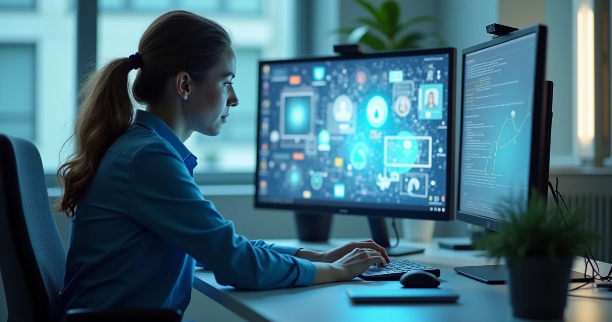 Trabajador sentado en oficina adaptándose a cambios tecnológicos 