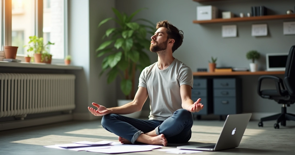 Persona sentada en una oficina meditando, rodeada de papeles y computadora 