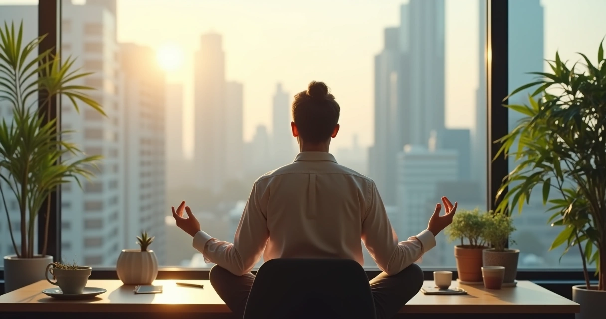 Empleado meditando con las manos juntas frente a una ventana.