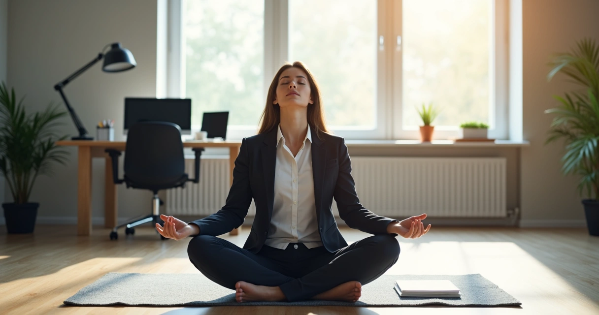 Persona en una oficina, sentada en posición de meditación, con luz natural entrando por la ventana y elementos de trabajo alrededor
