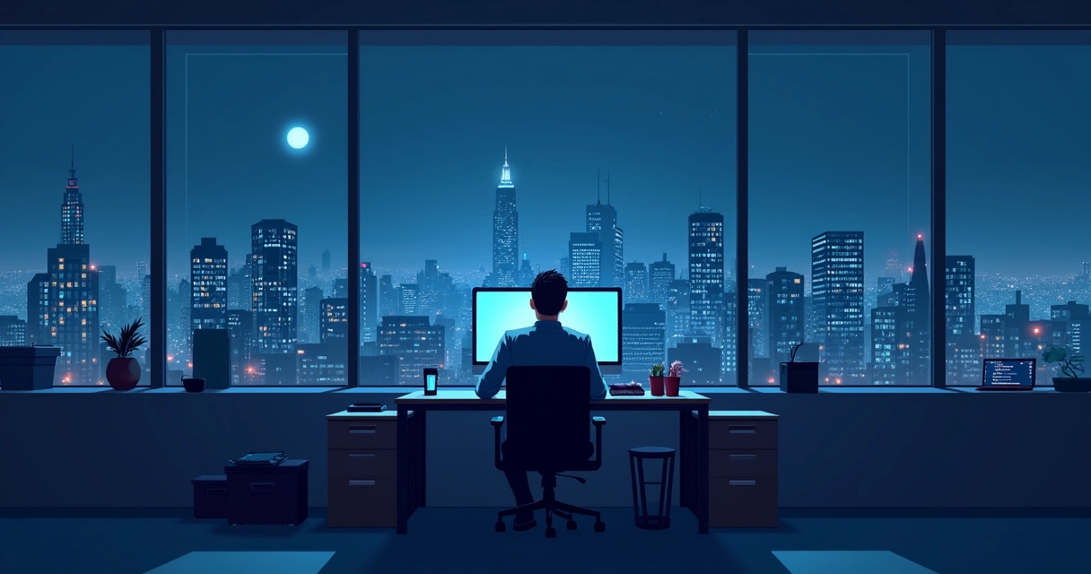 Empleado trabajando en oficina vacía durante la noche 