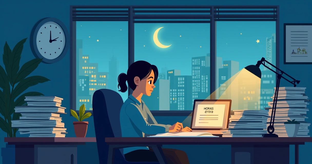 Trabajador revisando documentos laborales de noche en una oficina moderna 