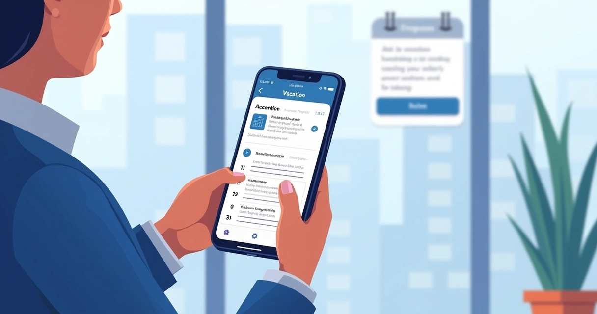Colaborador paraguayo en oficina usando app para registrar vacaciones, con ambiente profesional. 