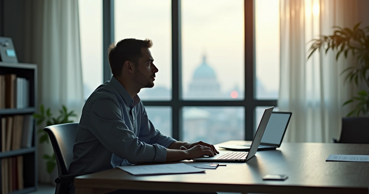 Persona sentada en oficina, pensativa, mirando hacia la ventana 