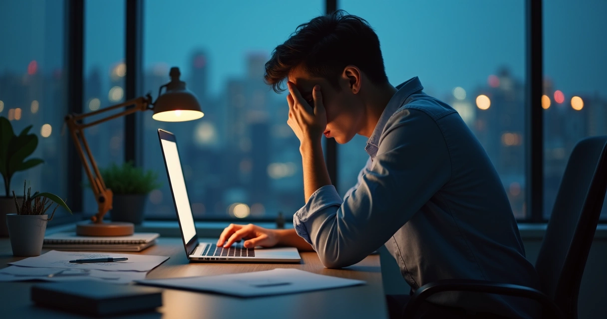 Profesional sentado frente al ordenador en oficina oscura con gesto de reflexión y vergüenza sutil 