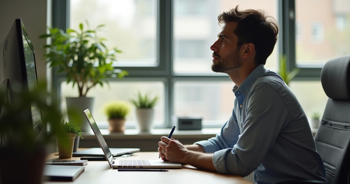 Profesional sentado en su escritorio reflexionando junto a la ventana de una oficina 