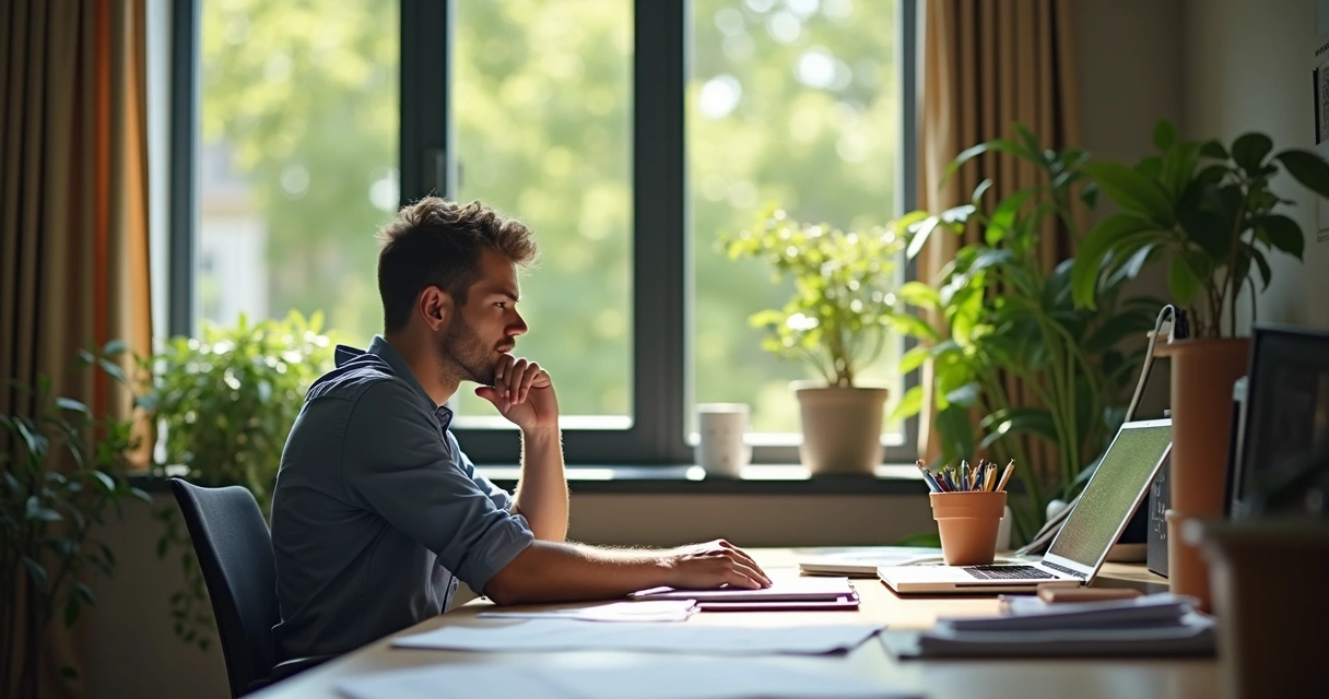 Trabajador sentado en escritorio, mirando por la ventana pensativo 