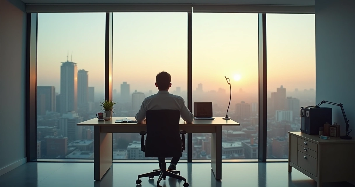 Empleado sentado solo en oficina mirando por la ventana