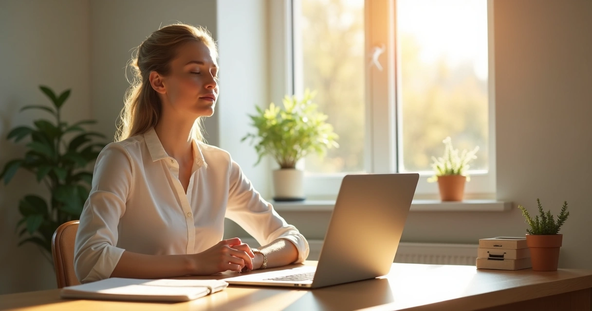Persona en escritorio doméstico, ojos cerrados, toma una pausa consciente 