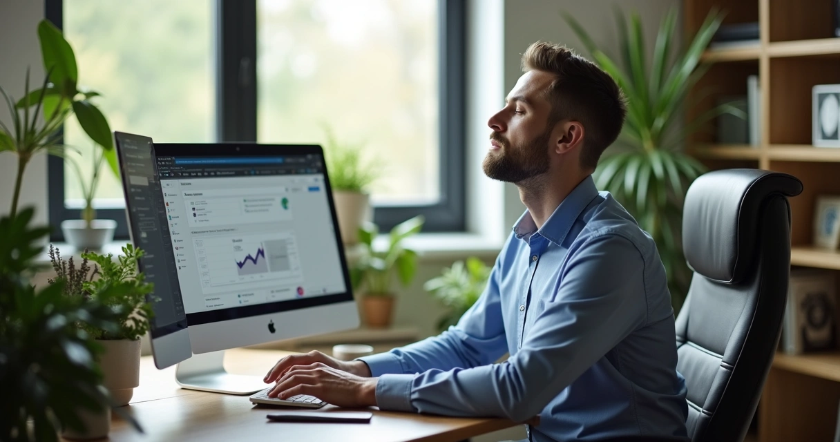 Profesional trabajando desde casa tomando una pausa para descansar