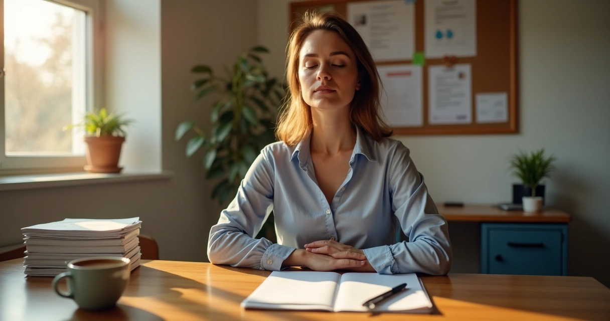Profesional de ayuda social respirando profundo junto a ventana luminosa en su oficina 