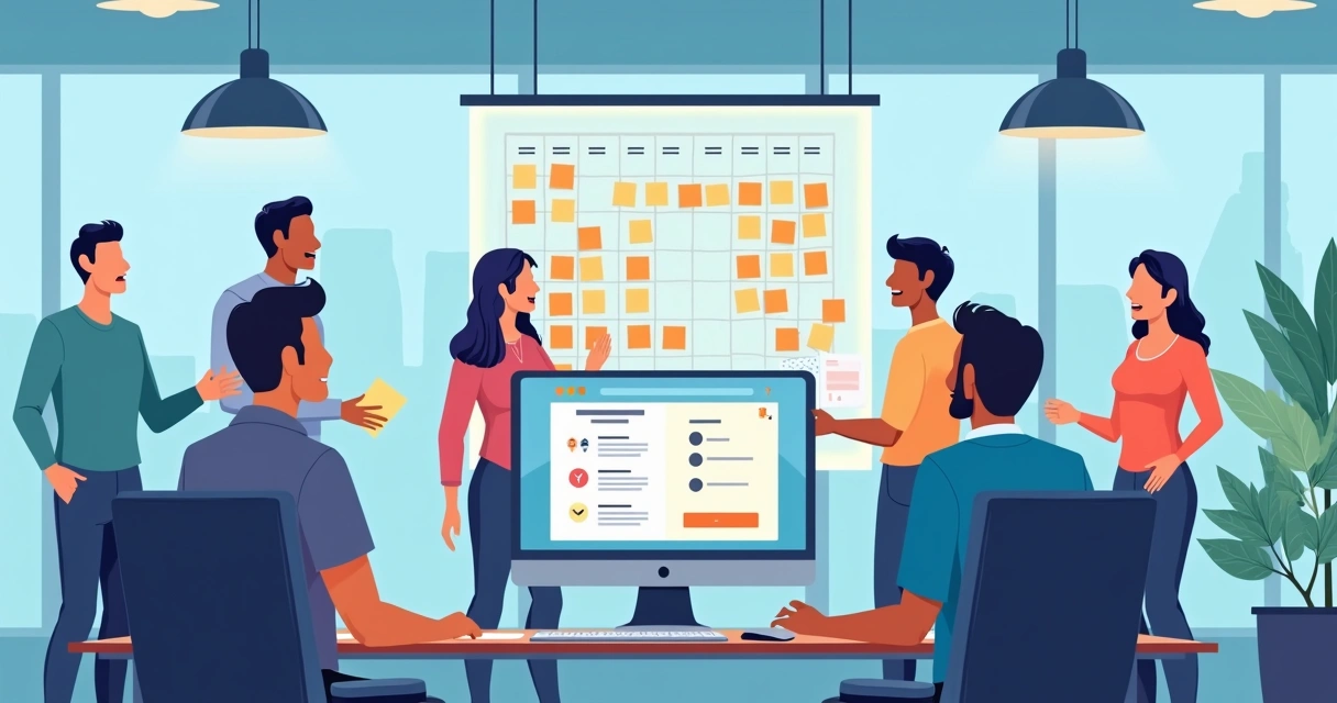 Empleados revisando calendario de vacaciones en oficina moderna 