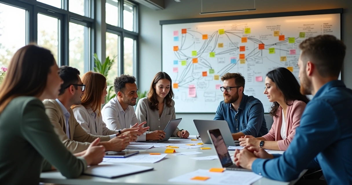 Trabajadores colaborando en oficina con diagramas en paredes 
