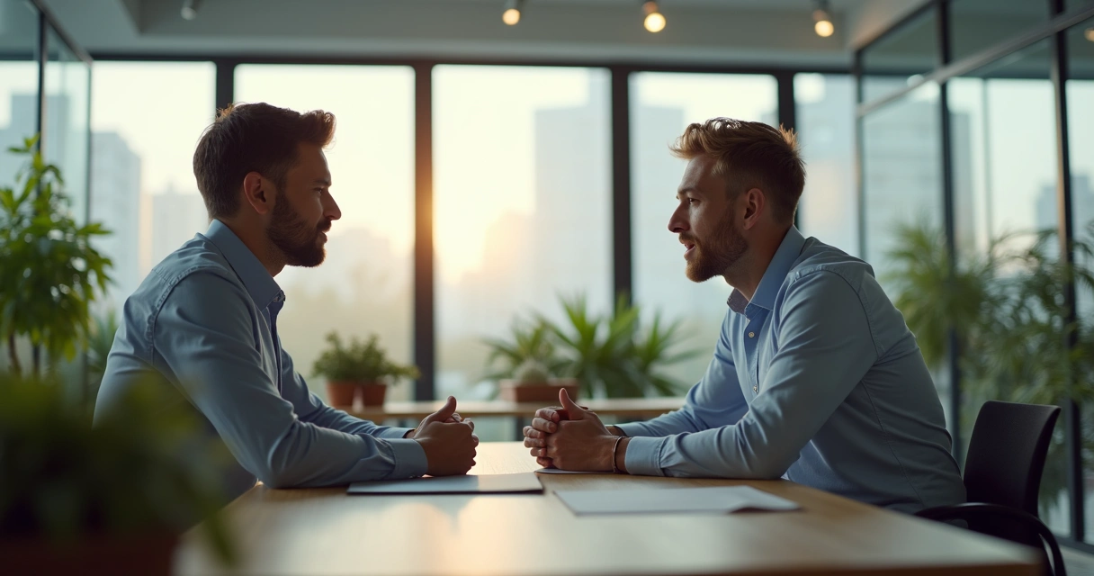 Dos trabajadores conversando con franqueza y confianza en la oficina
