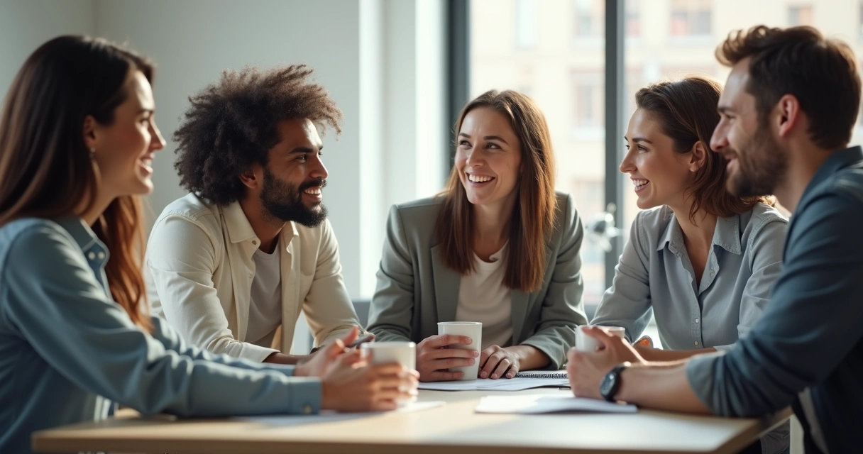 Grupo de trabajadores conversando y mostrando empatía entre ellos 