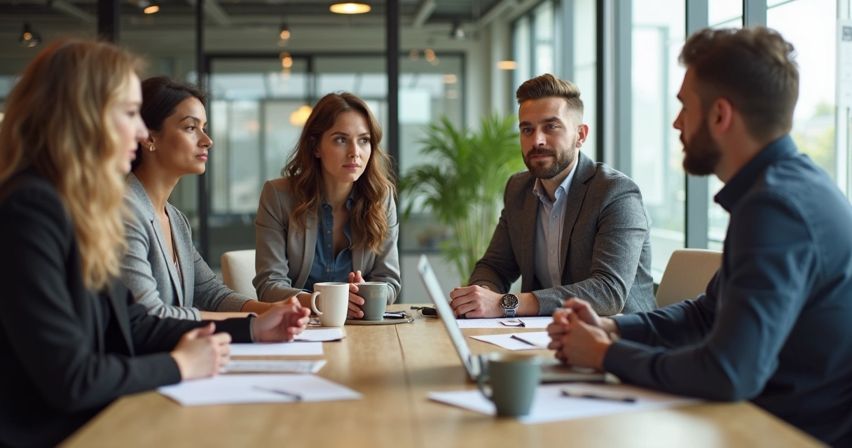 Personas dialogando en sala de reuniones de oficina, diversas edades y estilos, trabajando juntos