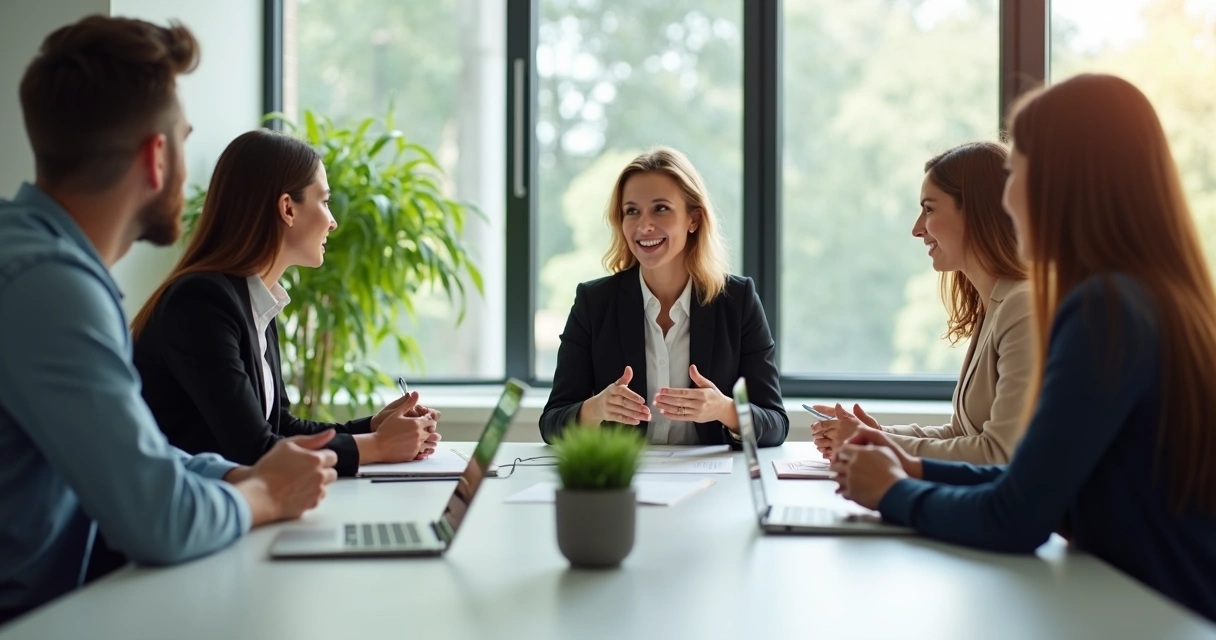 Reunión de trabajadores sentados juntos en oficina moderna 