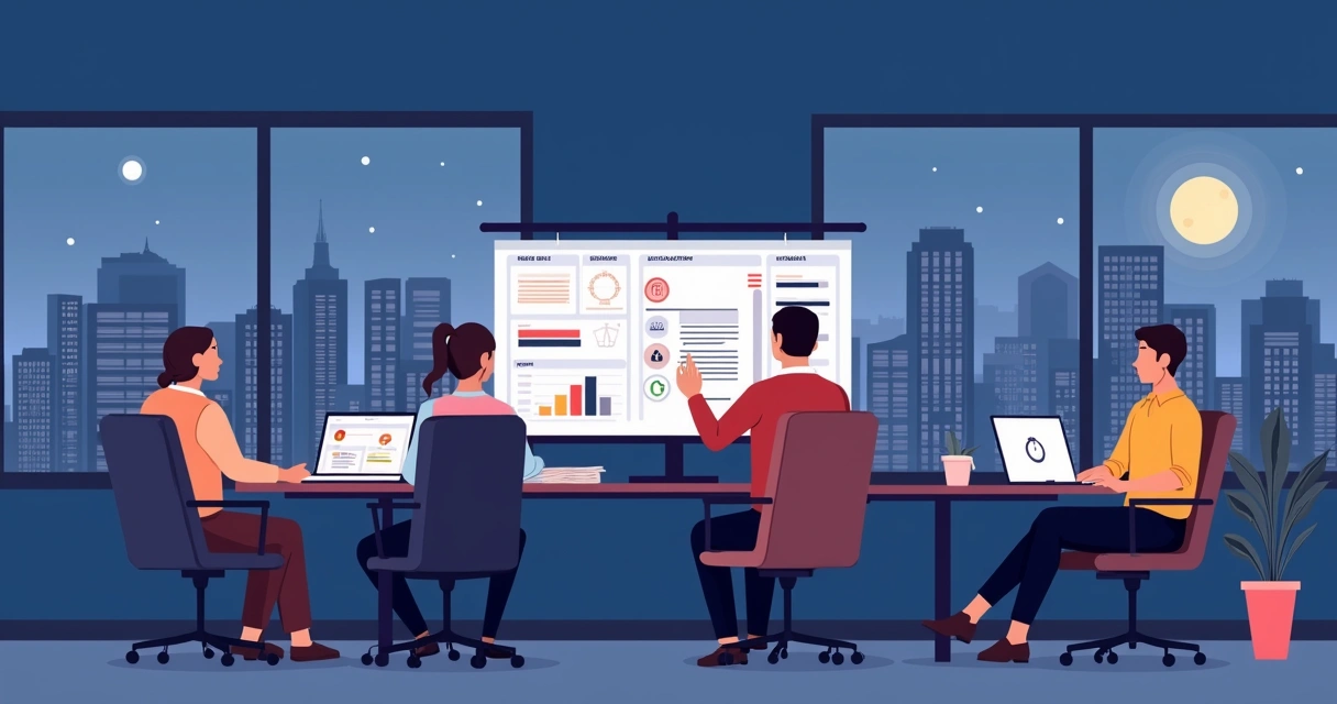 Equipo de trabajadores en turno nocturno revisando documentos laborales en oficina moderna 