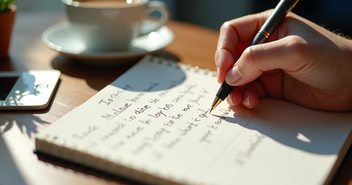 Cuaderno con notas escritas, una taza de café y una mano sosteniendo un bolígrafo