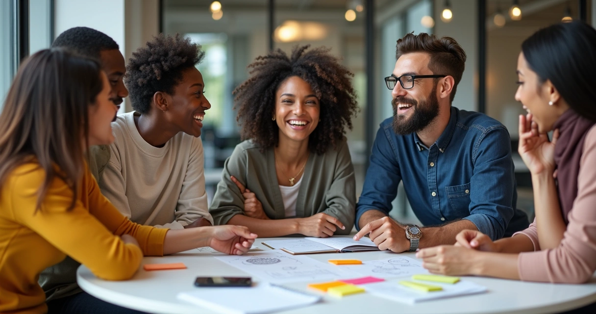Equipo de personas de diferentes edades y culturas colaborando sonrientes en una mesa redonda 