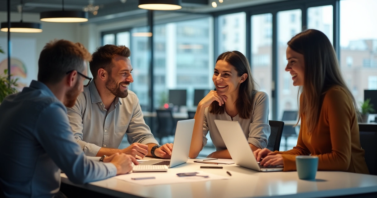 Colaboradores intercambiando ideas con gestos positivos en una oficina moderna