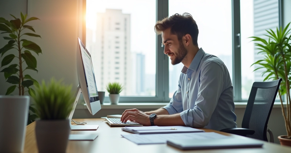 Persona trabajando con calma y concentración en oficina iluminada