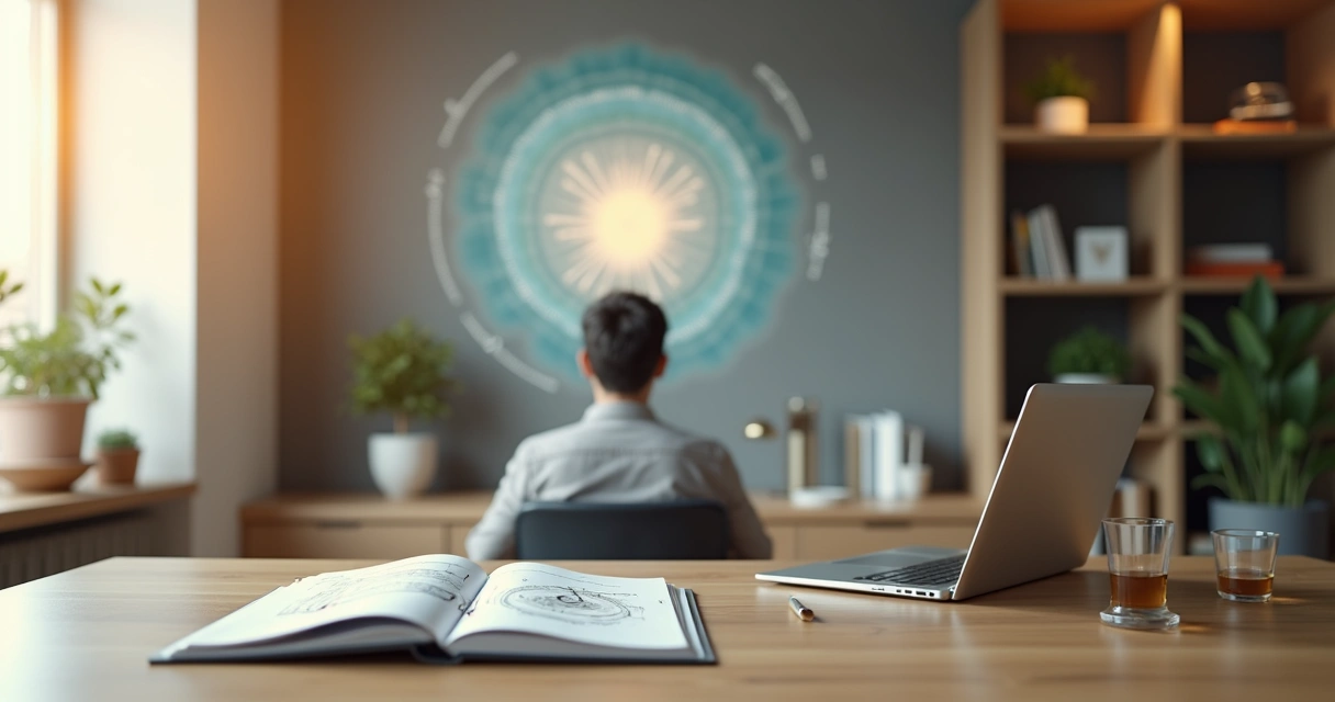 Profesional en escritorio organizando su día con enfoque consciente y reflexivo 