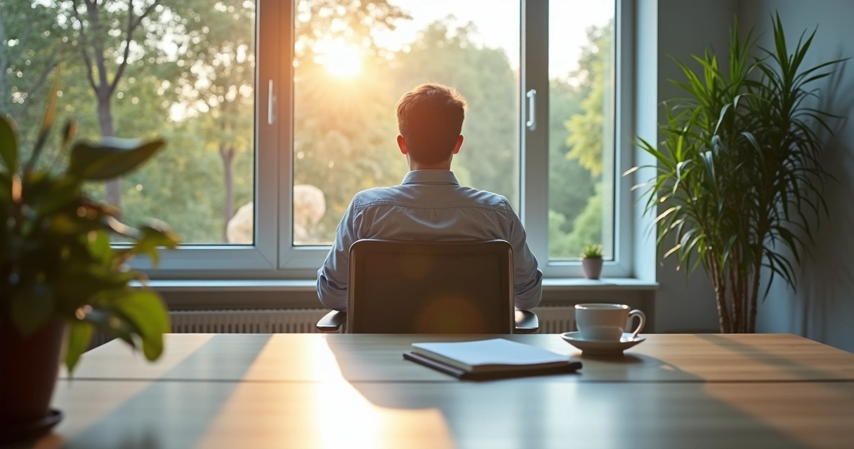 Empleado sentado junto a una ventana luminosa, tomando una pausa para descansar y mirar hacia afuera. 