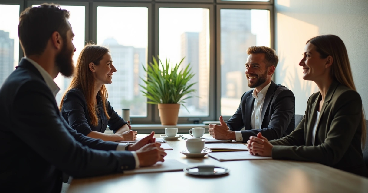 Personas en oficina haciendo ejercicio de escucha activa y feedback 