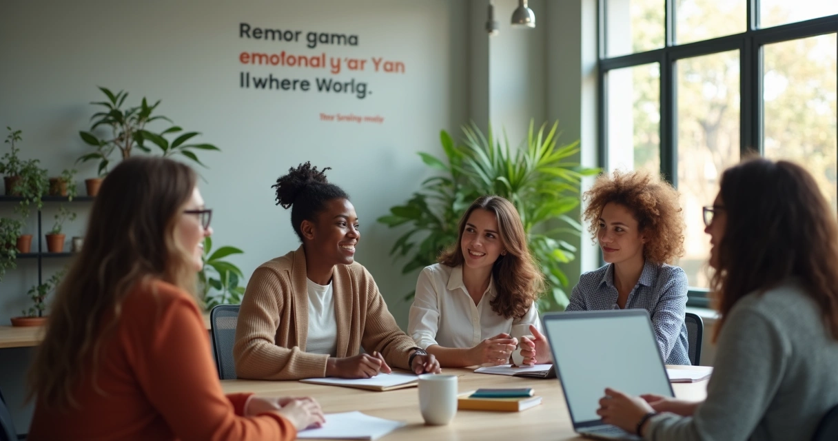 Personas en una oficina colaborando y mostrando diferentes emociones trabajadas 