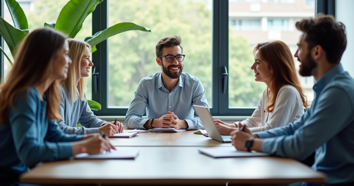 Personas conversando en una oficina moderna, algunos escuchando y otros hablando 